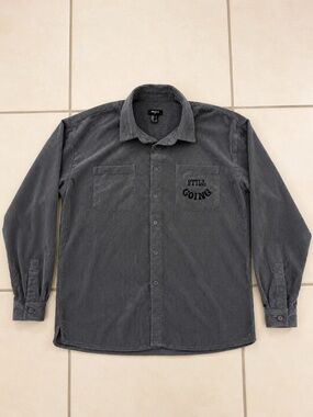 Forever 21 Men Gray Corduroy Button Up Shirt Embroidered "Still Going" Larg
